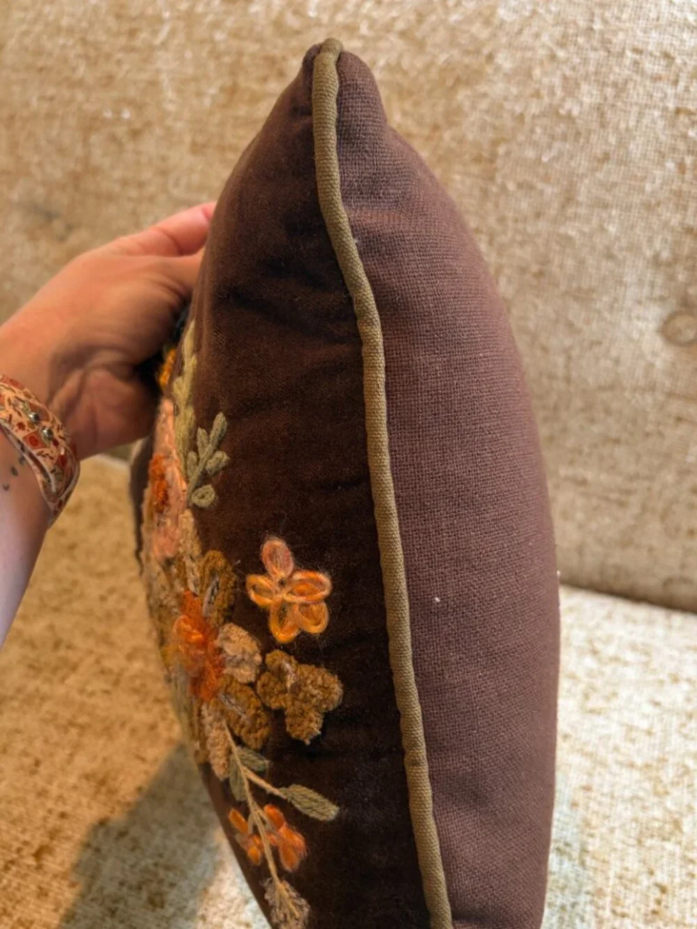 Embroidered Floral Brown Velvet Lumbar Pillow Aphorism 14